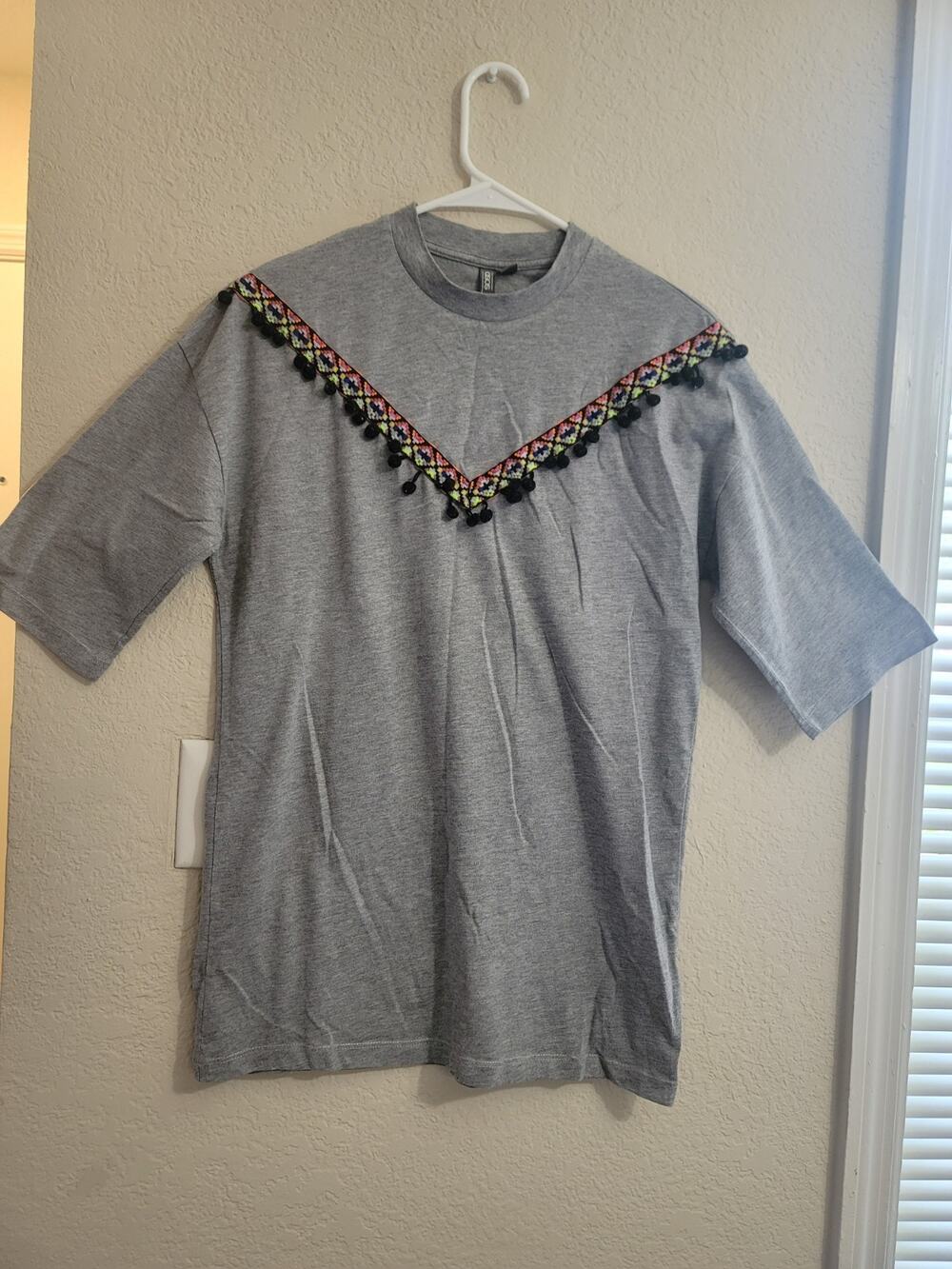 ASOS Women's XS Gray T-Shirt Pom Pom Boho Southwestern Aztec Trim Oversized Tee